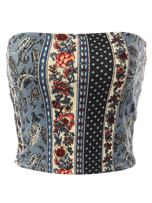 MixMatchy Womens Casual Strapless Print Tube Tops Strapless Sleeveless Bandeau Tops Blue Multi S