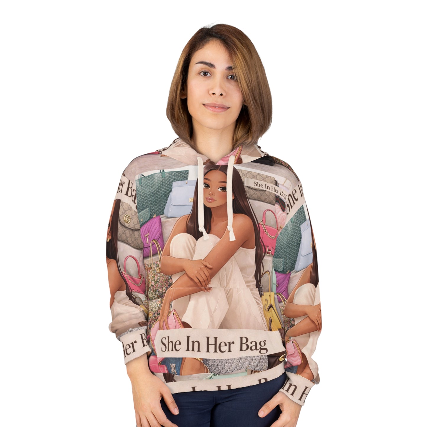 All-Over Print Hoodie — 'She In Her Bag' Fashion Illustration Pullover