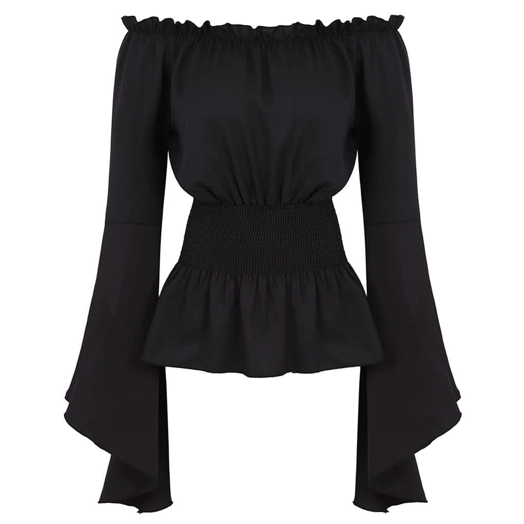 Lehauya Women Renaissance Blouse Off Shoulder Steampunk Shirt Black Peasant Blouse Long Sleeve Pirates Costume Small