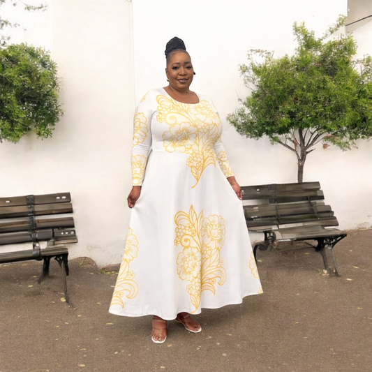 White Long-Sleeve Dance Dress with Delicate Gold Floral Print — Elegant Ballroom & Performance Dress