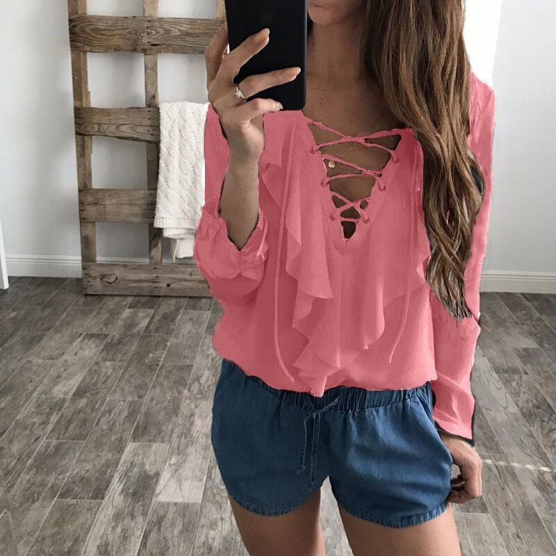 Long Sleeve Polka Dot Chiffon Blouse with Ruffles