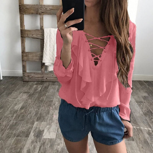Long Sleeve Polka Dot Chiffon Blouse with Ruffles