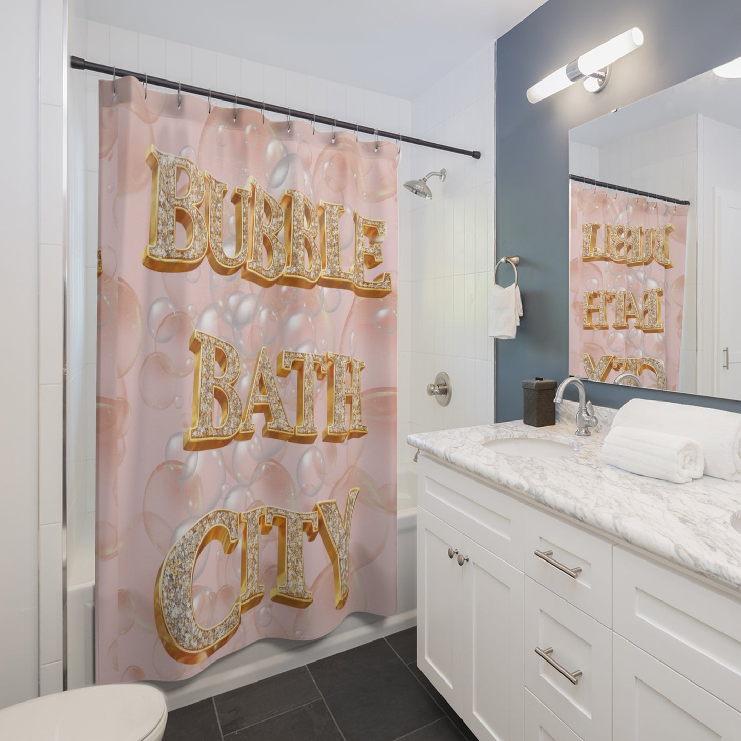 Bubble Bath City Shower Curtain — Pink Bubbles Spa Bathroom Decor