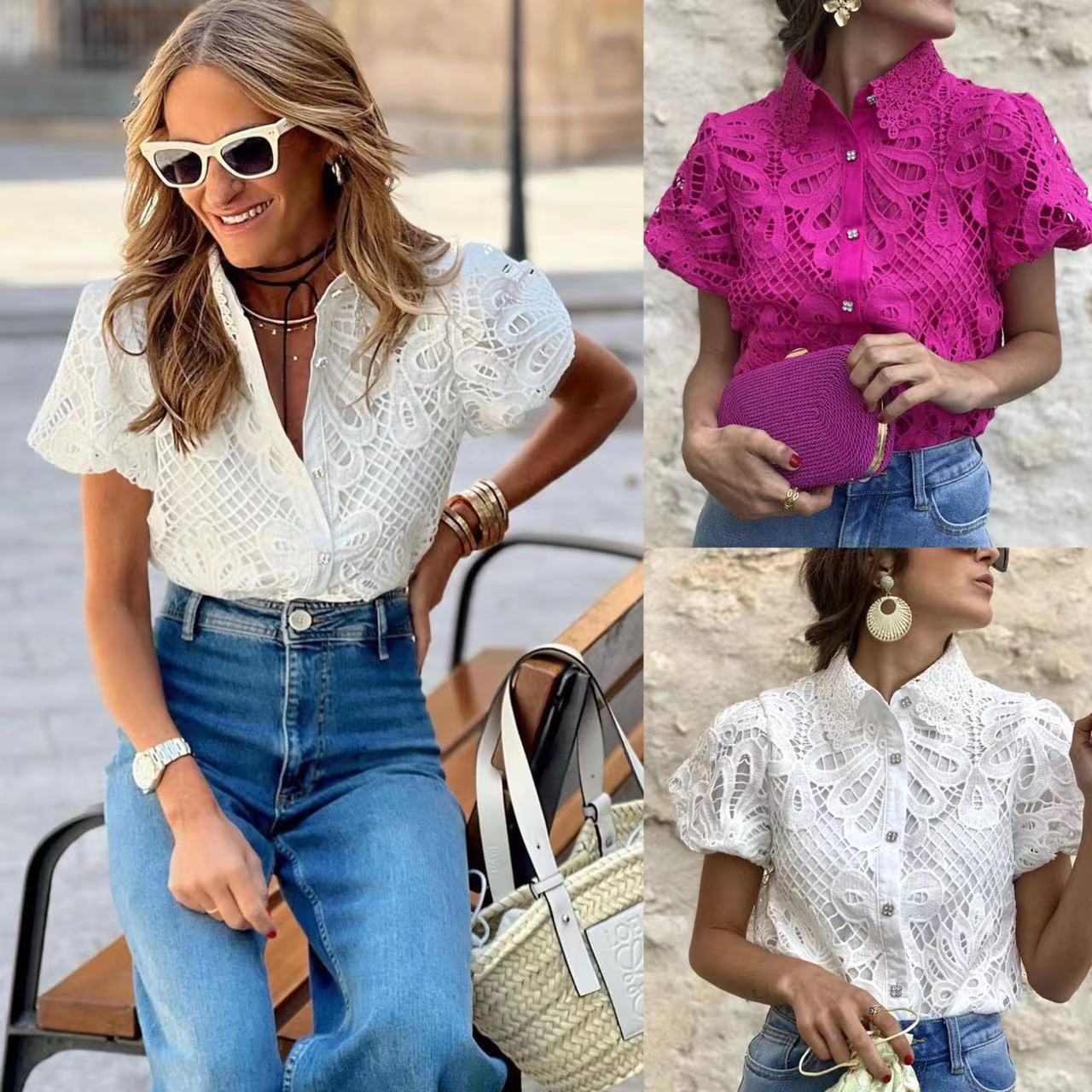 Fashion Lace Cardigan with Puff Sleeve Blouse