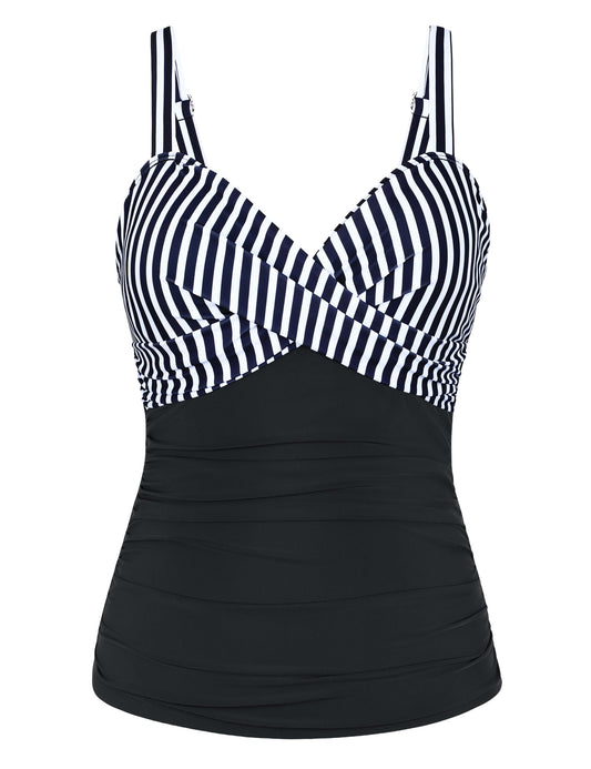 Hilor Womens Retro Ruched Tummy Control Swimsuit Tops Flattering Tankini Top with Underwire Bra Support Swim Tops Black&White Stripes 10