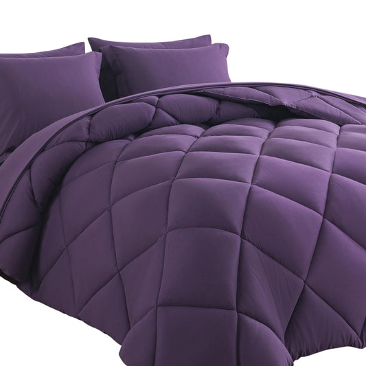 Cosybay Bed in a Bag King Comforter Sets 7pcs All Season Solid Down Alternative Bedding Sets Purple with Comforter Pillow Shams Flat Sheet Fitted Sheet and Pillowcases
