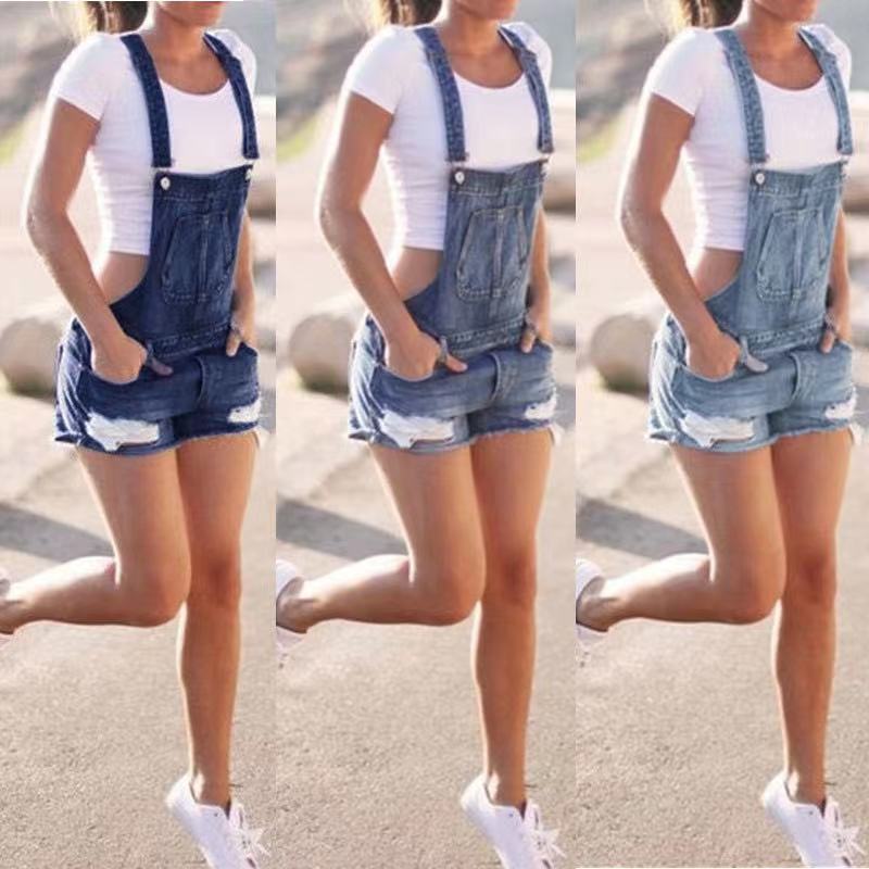 Blue Mid-Waist Denim Overalls Shorts