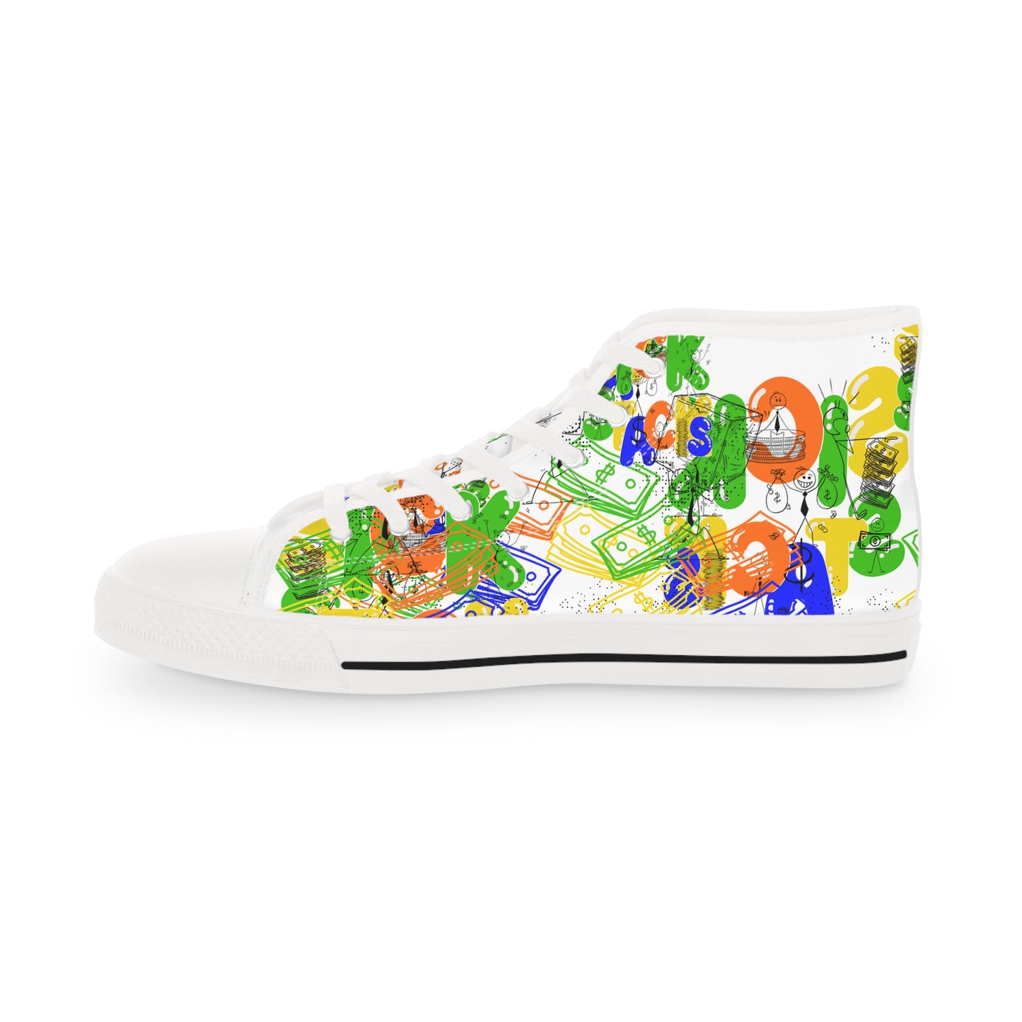 Money Sketch High-Top Sneakers — Colorful Cash Illustration Shoes