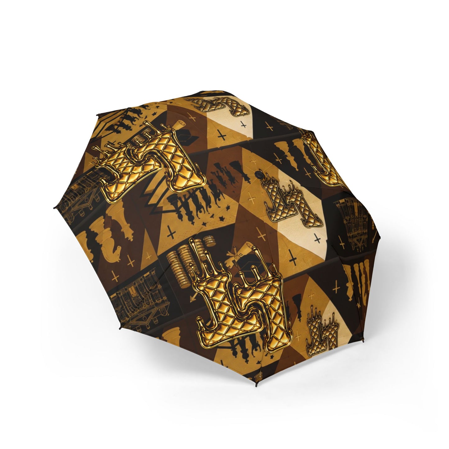 L&T Foldable Umbrella — Gold Geo Shield Pattern, Semi-Automatic Compact Rain Umbrella
