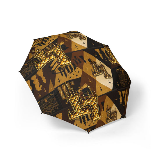 L&T Foldable Umbrella — Gold Geo Shield Pattern, Semi-Automatic Compact Rain Umbrella