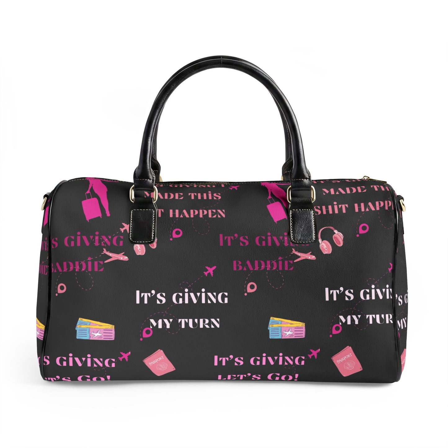 Leather Travel Bag — "It's Giving My Turn" Pink Graphic Weekender for Baddies