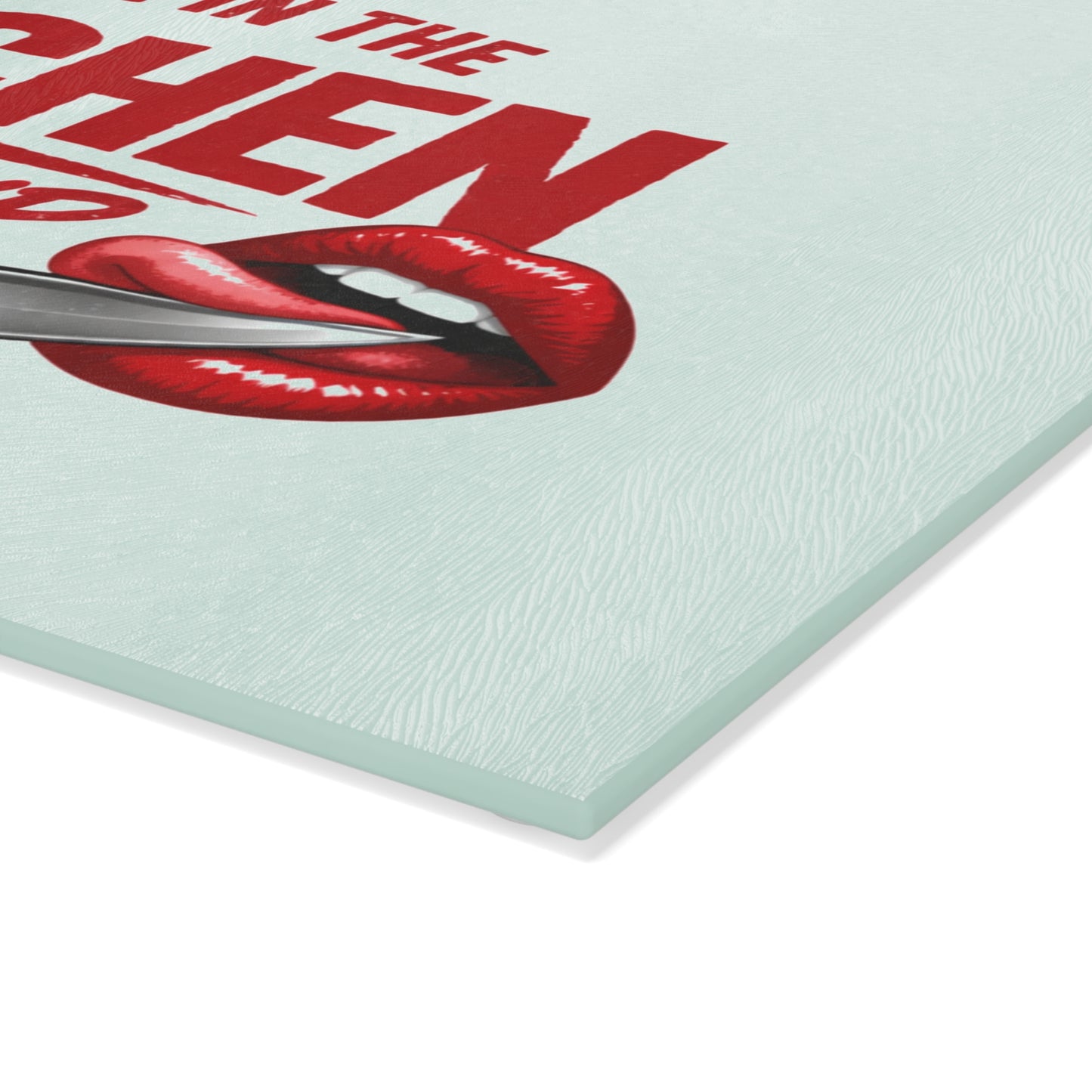 We Be In The Kitchen Cutting Up Glass Cutting Board — Retro Lip & Knife Kitchen Decor