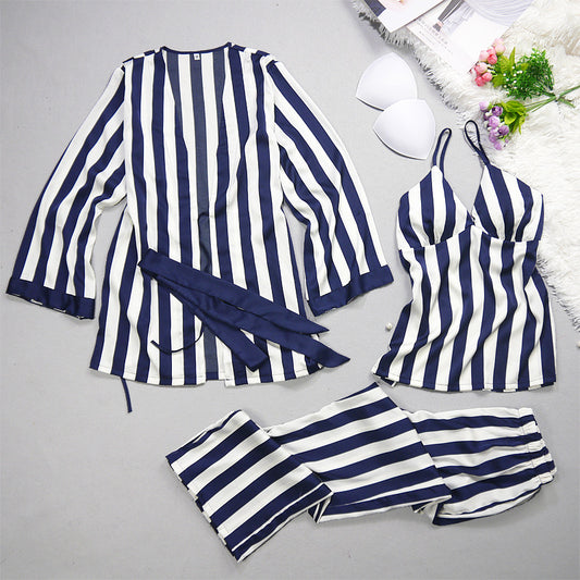 Summer Silk Pajama Set for Women - Striped & Casual