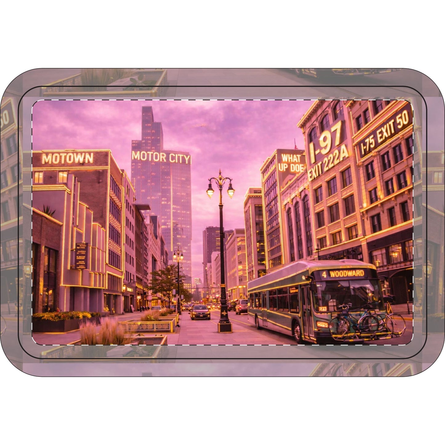 Toilet Three-Piece Set: Retro Motor City Pink Cityscape Bath Mat & Lid Cover Set