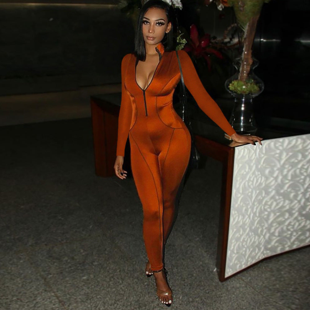 High-Waisted Zippered Reflective Jumpsuit