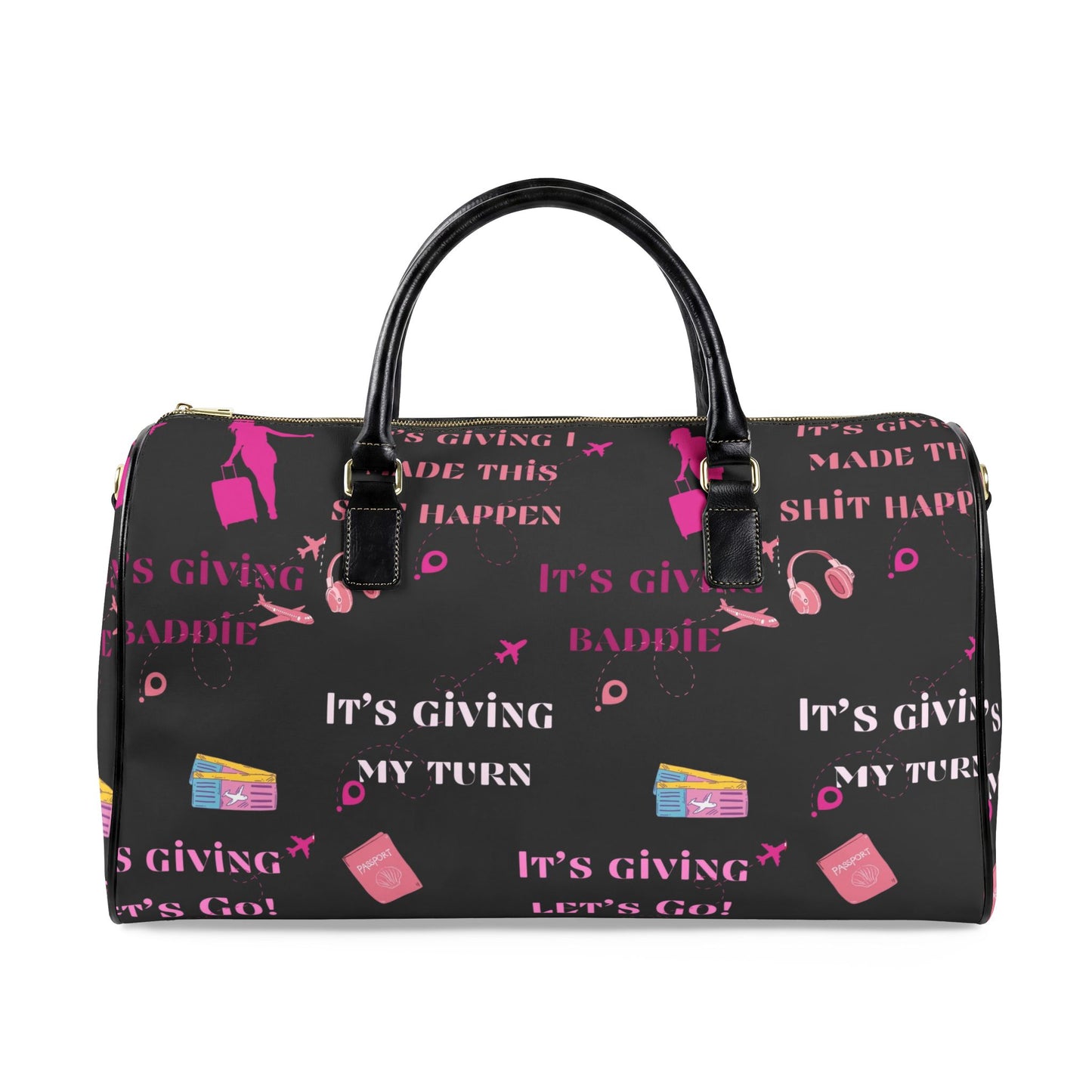 Leather Travel Bag — "It's Giving My Turn" Pink Graphic Weekender for Baddies