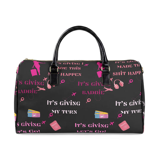 Leather Travel Bag — "It's Giving My Turn" Pink Graphic Weekender for Baddies
