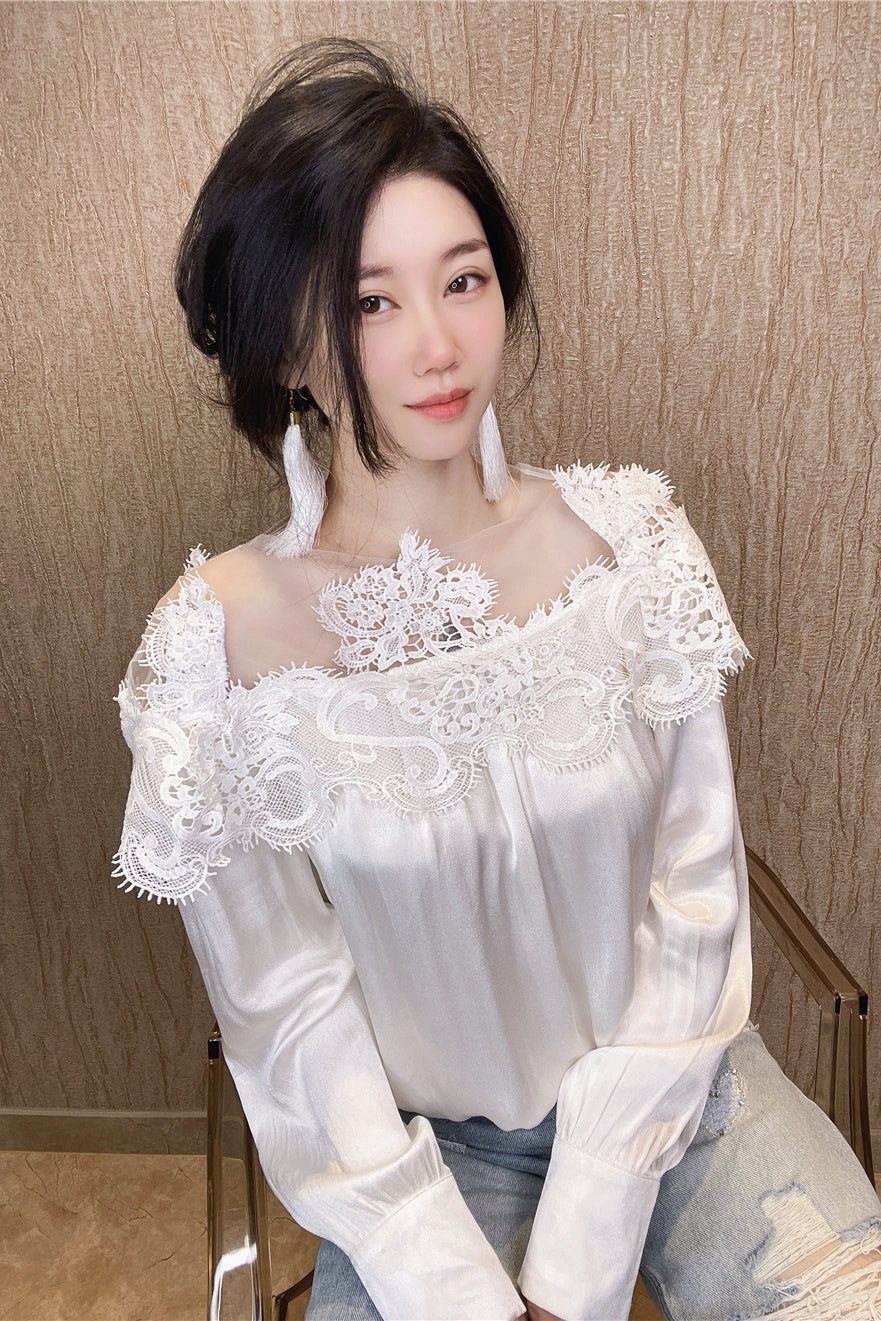 2026 Off-Shoulder Satin Silk Mesh Blouse for Women