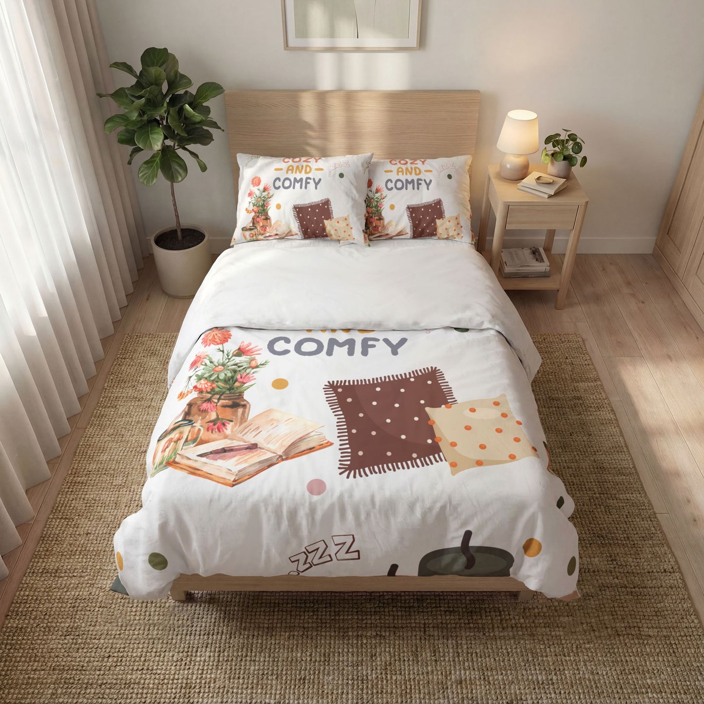 Cozy and Comfy Printed Quilt Cover Set — 3-Piece Bedding with Candles, Pillows & Floral Accents