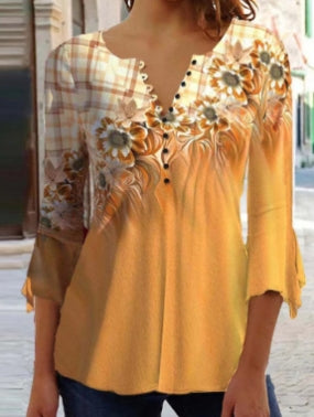 Floral Print V-Neck Blouse with Three-Quarter Sleeves
