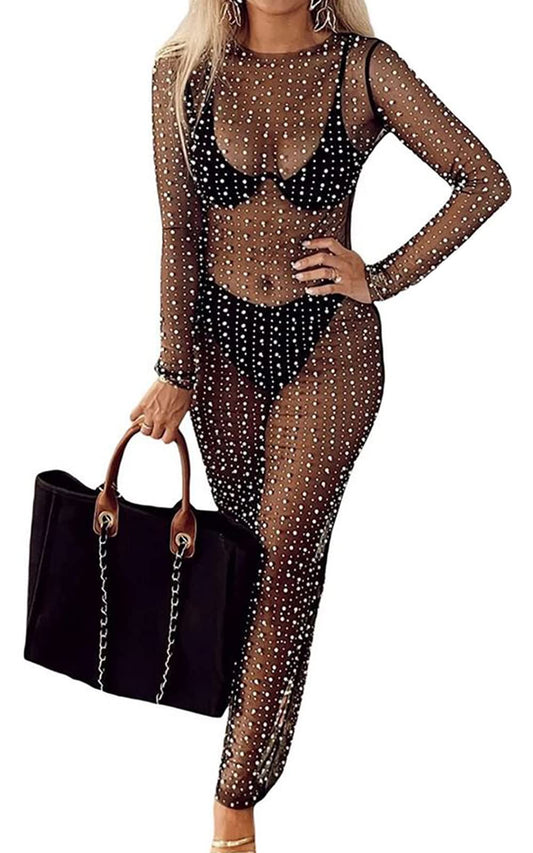 Beach I’m Her- Womens Sheer Mesh Pearl Rhinestone Cover Up Beach Dress Swimwear Bikini Swimsuit Bathing Suit Coverups Black 3XL