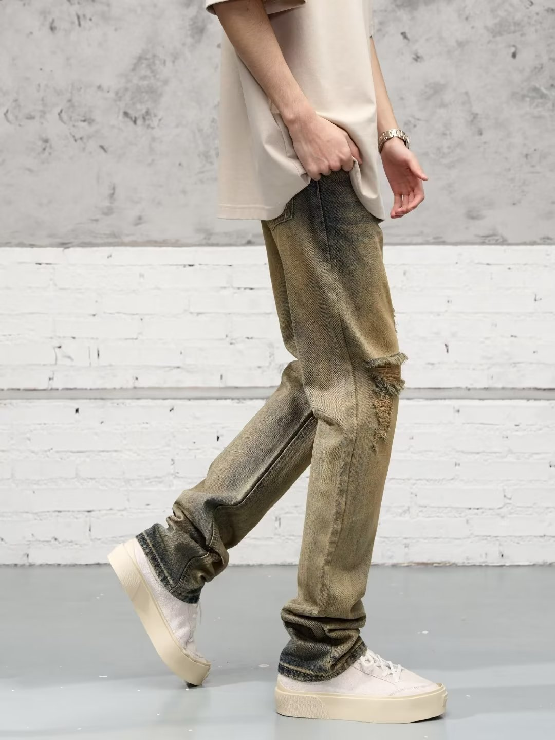 Ripped Denim Jeans - Long Style Denim Trousers