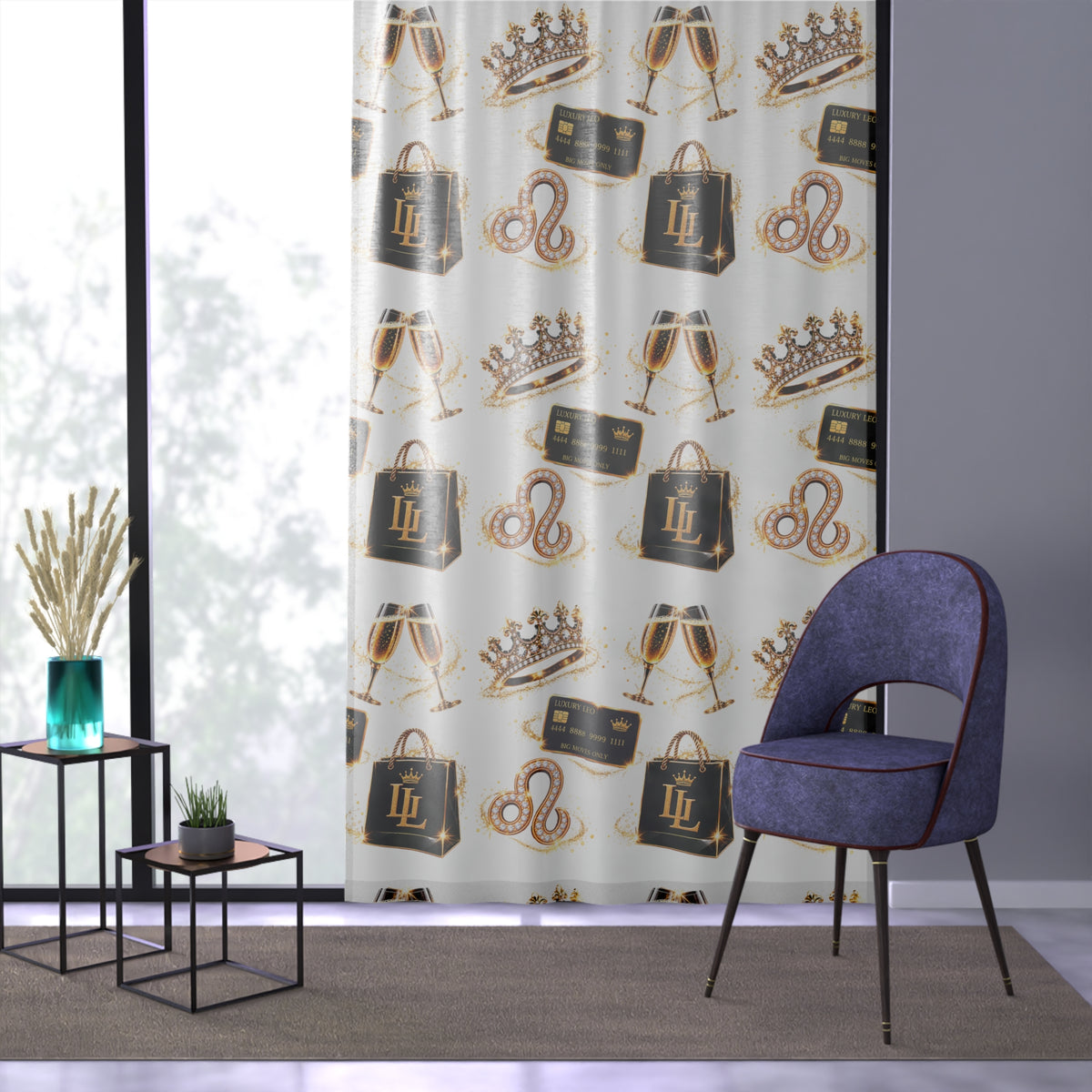 Luxury Leo Pattern Window Curtain — Champagne Glasses, Crowns & Handbags Sheer Drapery