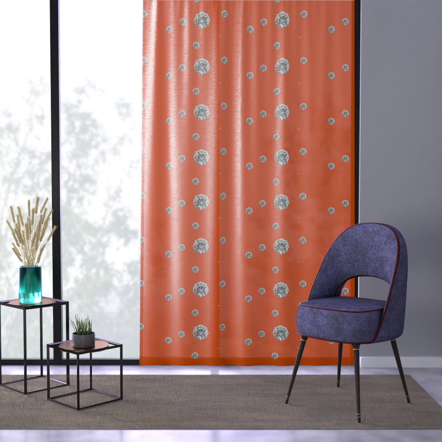 My side-Orange Dandelion Sheer Window Curtain — Modern Floral Polka Dot Drapes