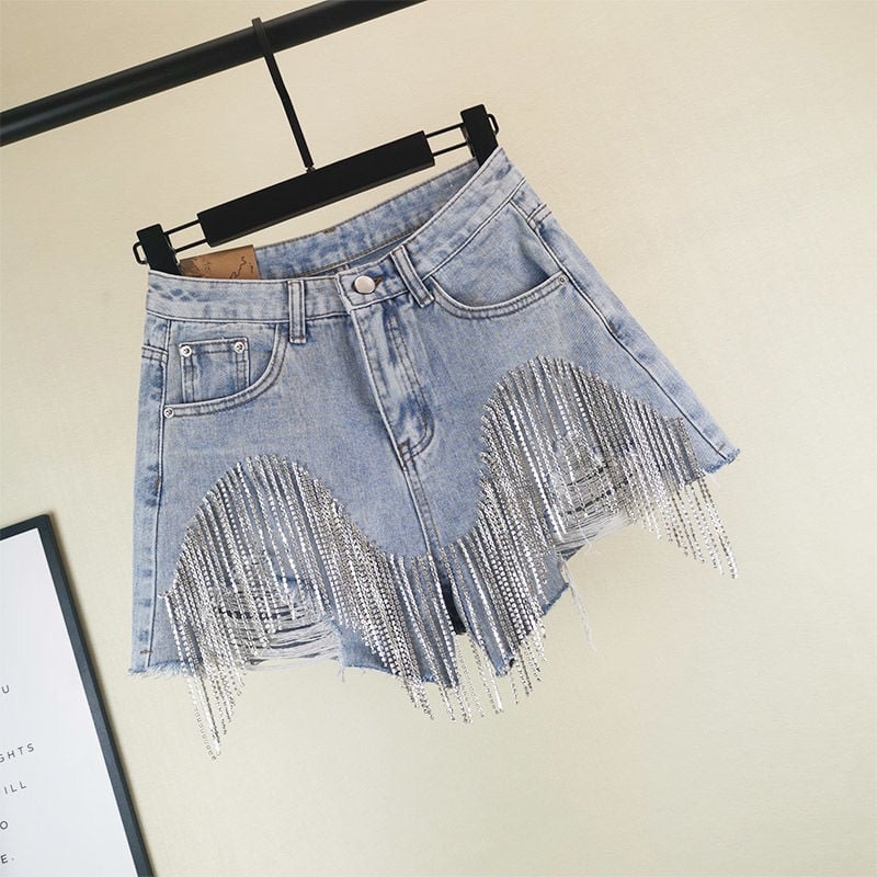 High Waist Slim Sexy Tassel Chain Jeans for Women