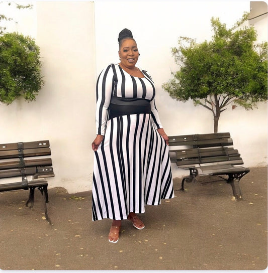 Black & White Vertical Stripe Long Sleeve Dance Dress