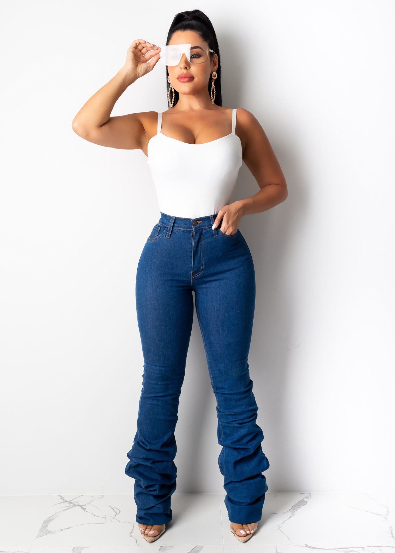 Stacked Denim Jeans, Long Denim Pants, Flared Denim Pants