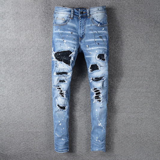 Men's Whiskered Patch Denim Jeans