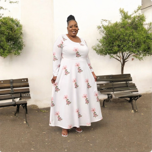 Dance Dress — White Floral Ballerina Print Long Sleeve Fit & Flare