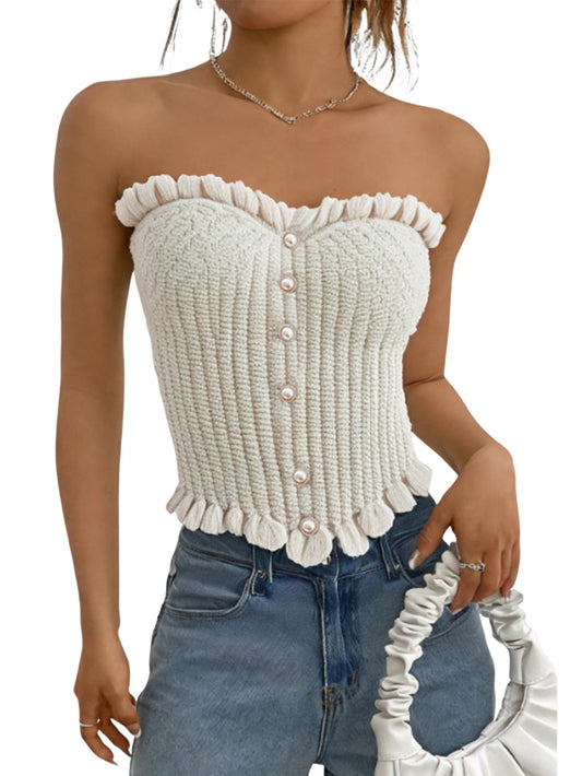 GORGLITTER Womens Pearl Knit Tube Tops Strapless Ruffle Trim Asymmetrical Crop Tops Beige Medium