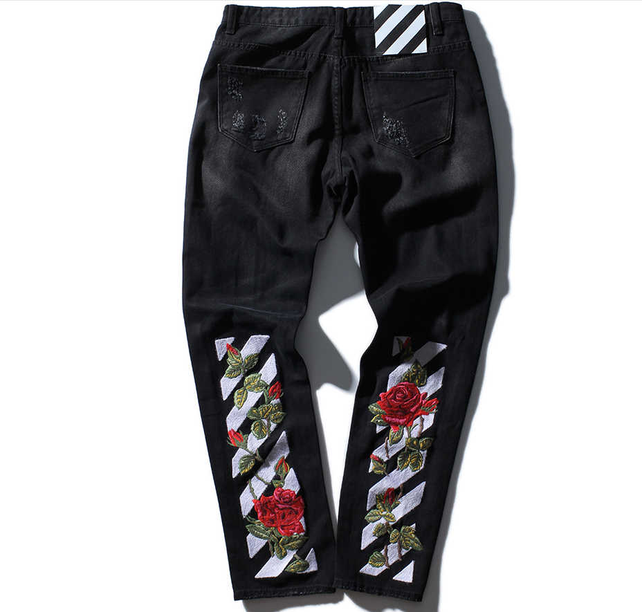Rose Embroidered Ripped Denim Jeans