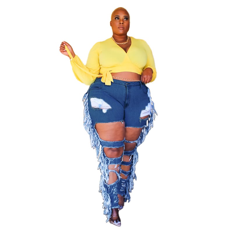 Adogirl Plus Size Distressed Tassel Jeans for Women