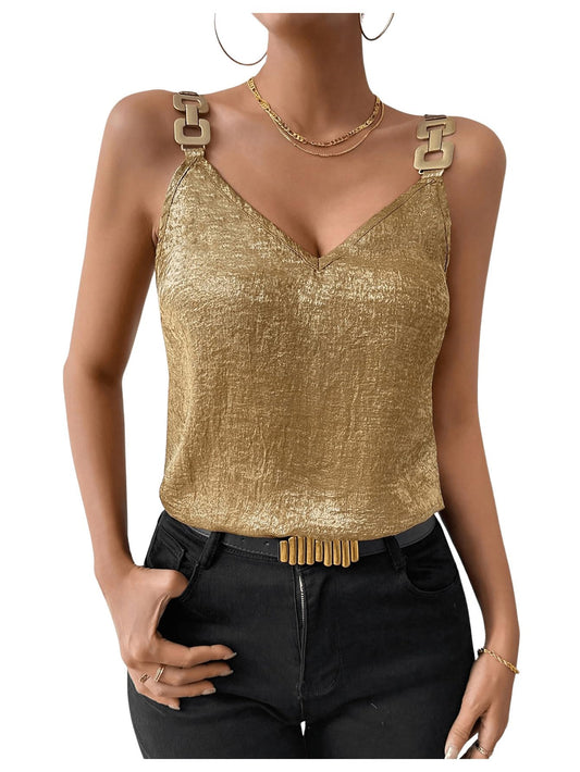RoseSeek Womens Sequin Tops Metal Chain Strap V Neck Tank Tops Sparkly Sleeveless Camisole Tops Gold Large