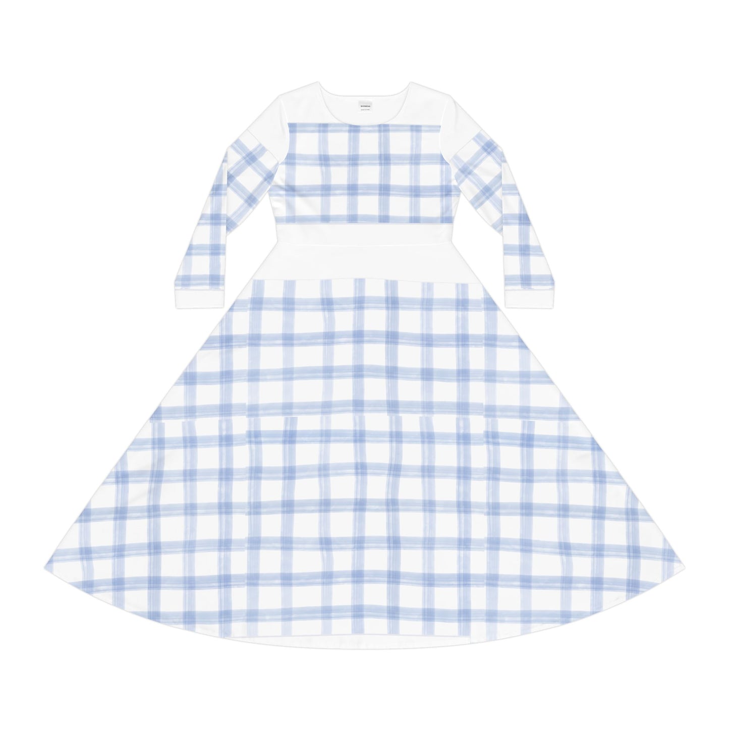 Blue Plaid Long-Sleeve Dance Dress — Vintage Check Swing Midi
