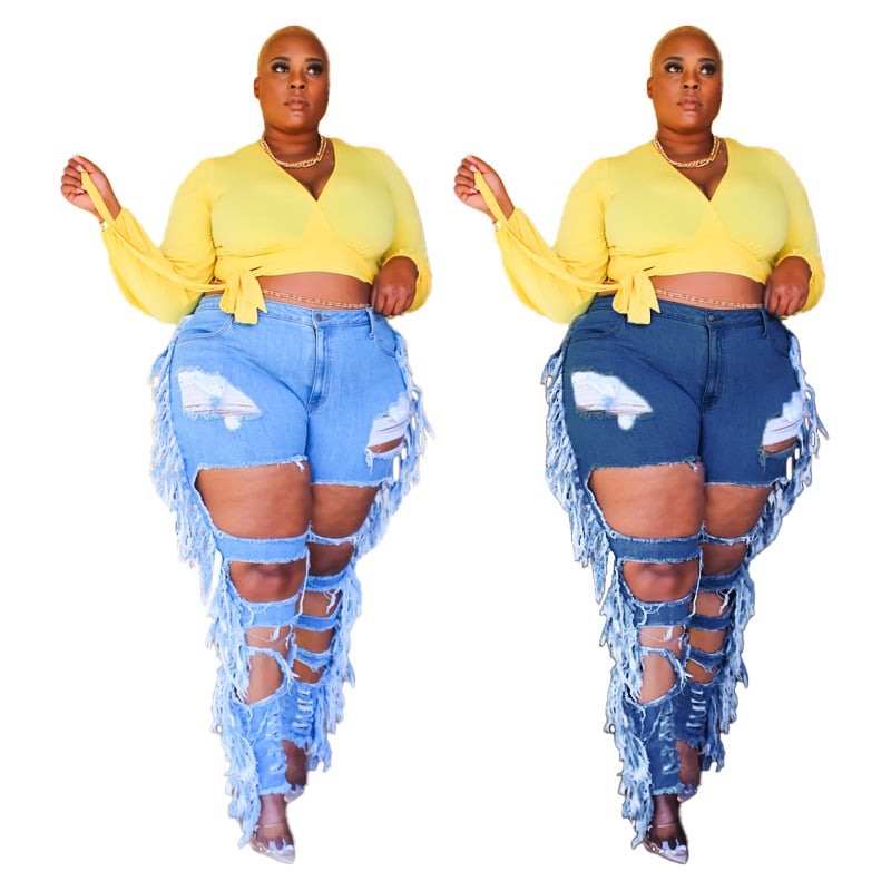Adogirl Plus Size Distressed Tassel Jeans for Women