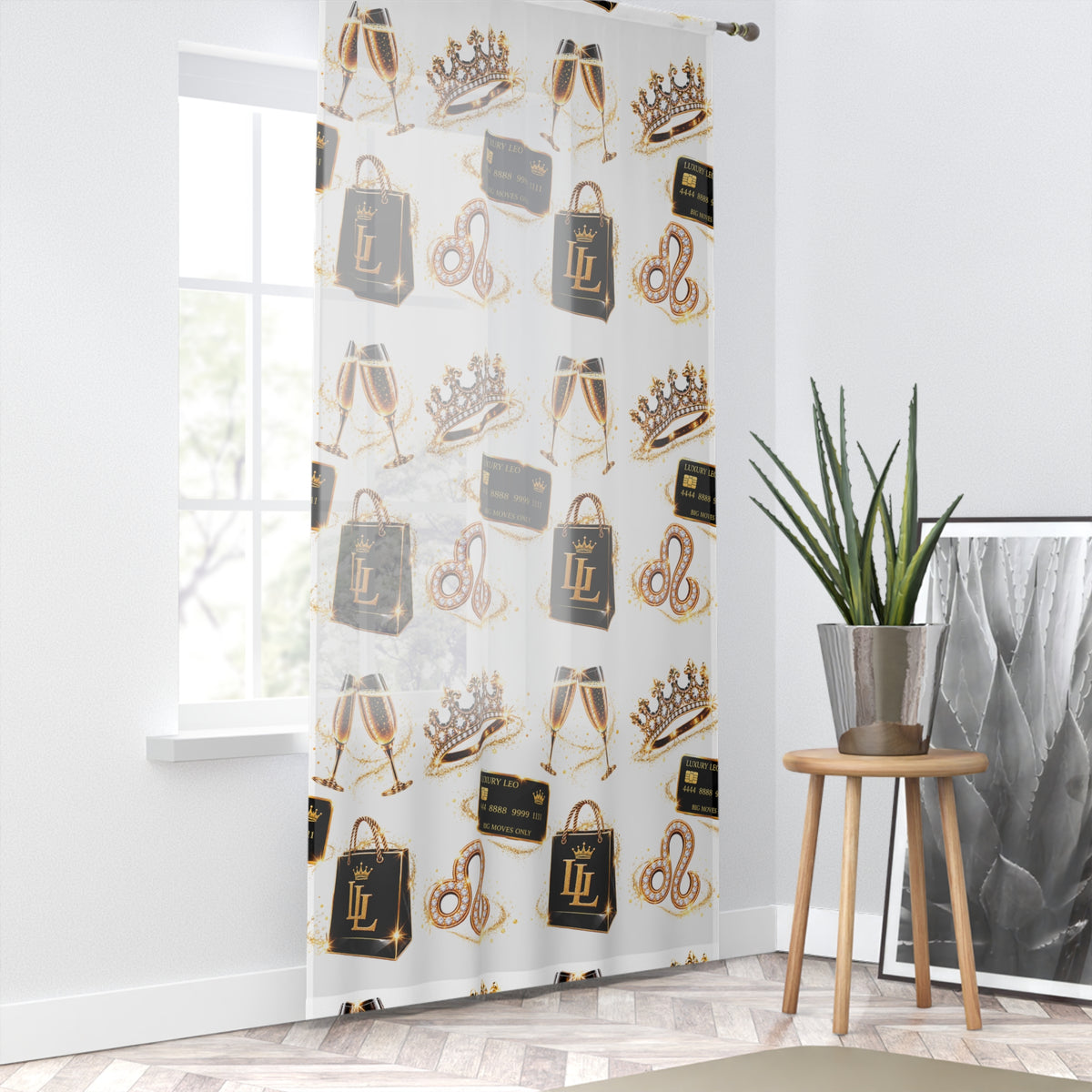 Luxury Leo Pattern Window Curtain — Champagne Glasses, Crowns & Handbags Sheer Drapery