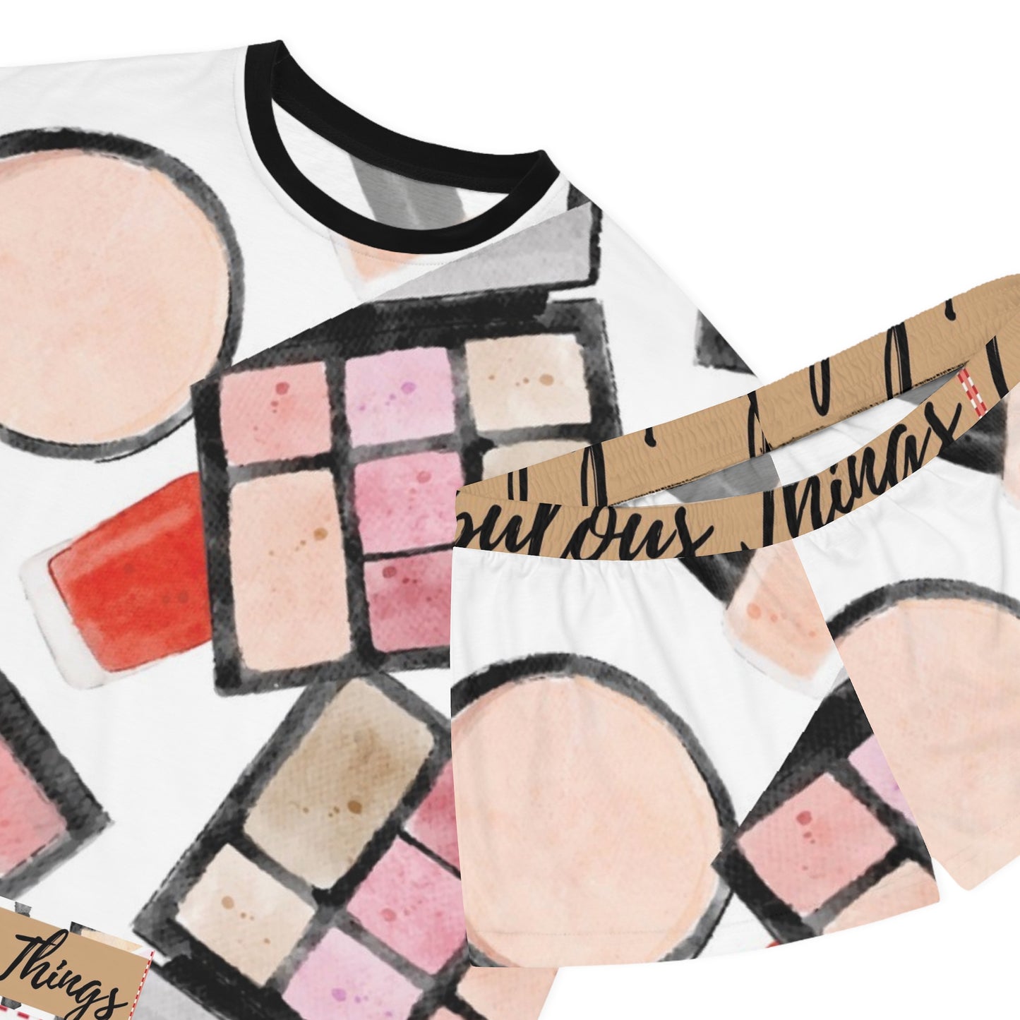 Cherish fabulous things -Makeup Print Women's Short Pajama Set — Cosmetic Brush & Palette Sleepwear