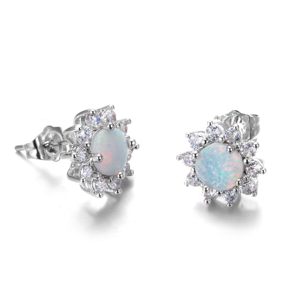 Fashionable Opal Stud Earrings in 925 Silver with Zirconia