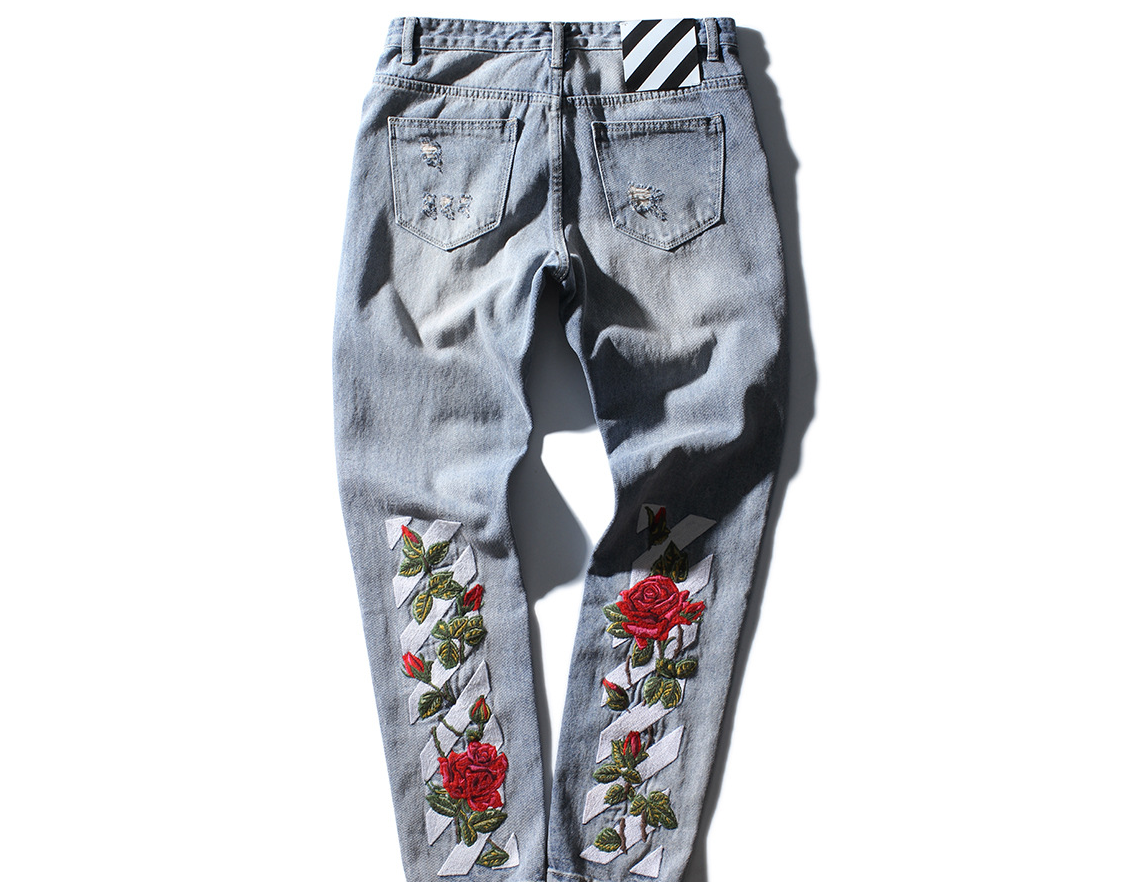 Rose Embroidered Ripped Denim Jeans