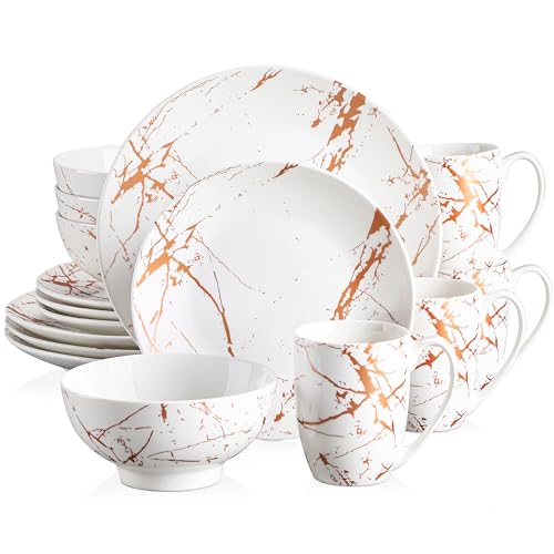 LOVECASA White Dinnerware Sets for 4 16 Piece Porcelain Dish Set Plates and Bowls Sets Gold Splash Glaze Ceramic Dinner Set with Mugs Dishwasher Microwave Safe