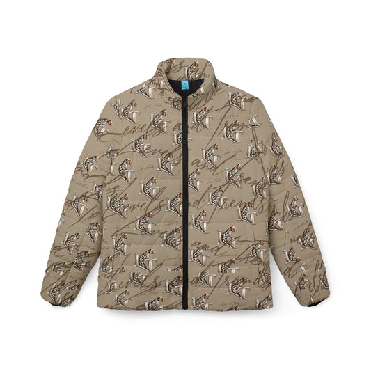Women’s  LT Puffer Jacket — Neutral Bird Pattern All-Over Print, Cozy Lightweight Winter Coat