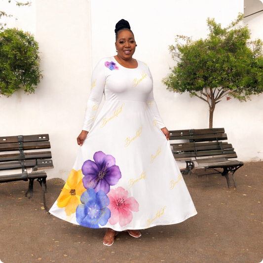 Floral Watercolor Long Sleeve Dance Dress