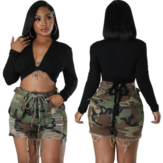 Camouflage Denim Shorts with Stretch Fabric