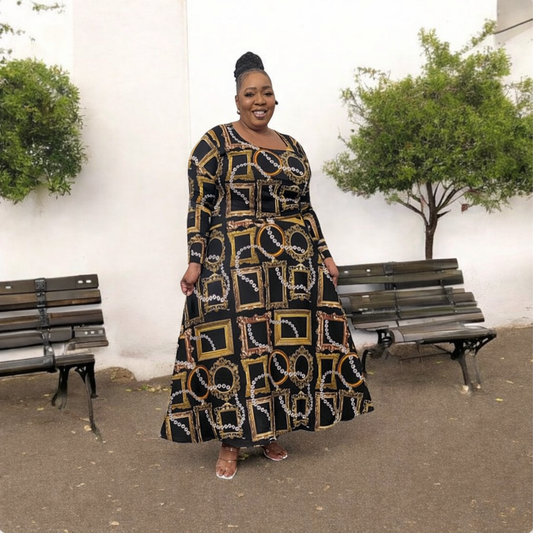Golden Chain Print Long Sleeve Dance Dress — Vintage Baroque Flair for Ballroom & Evening Wear