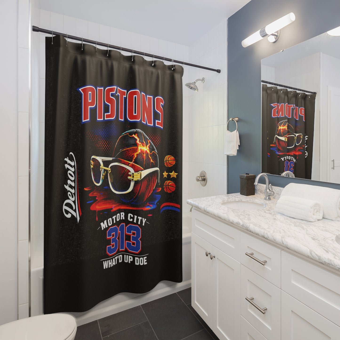 Pistons Motor City 313 Shower Curtain — Detroit Basketball Bathroom Decor