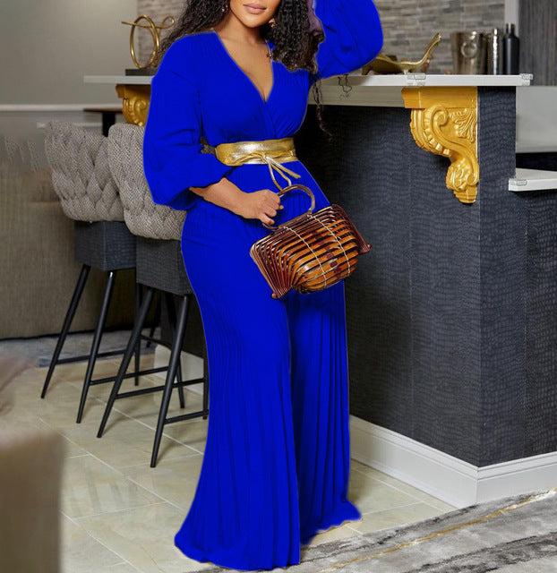 Plus Size Women's Ruffle V Neck Jumpsuit Outfit